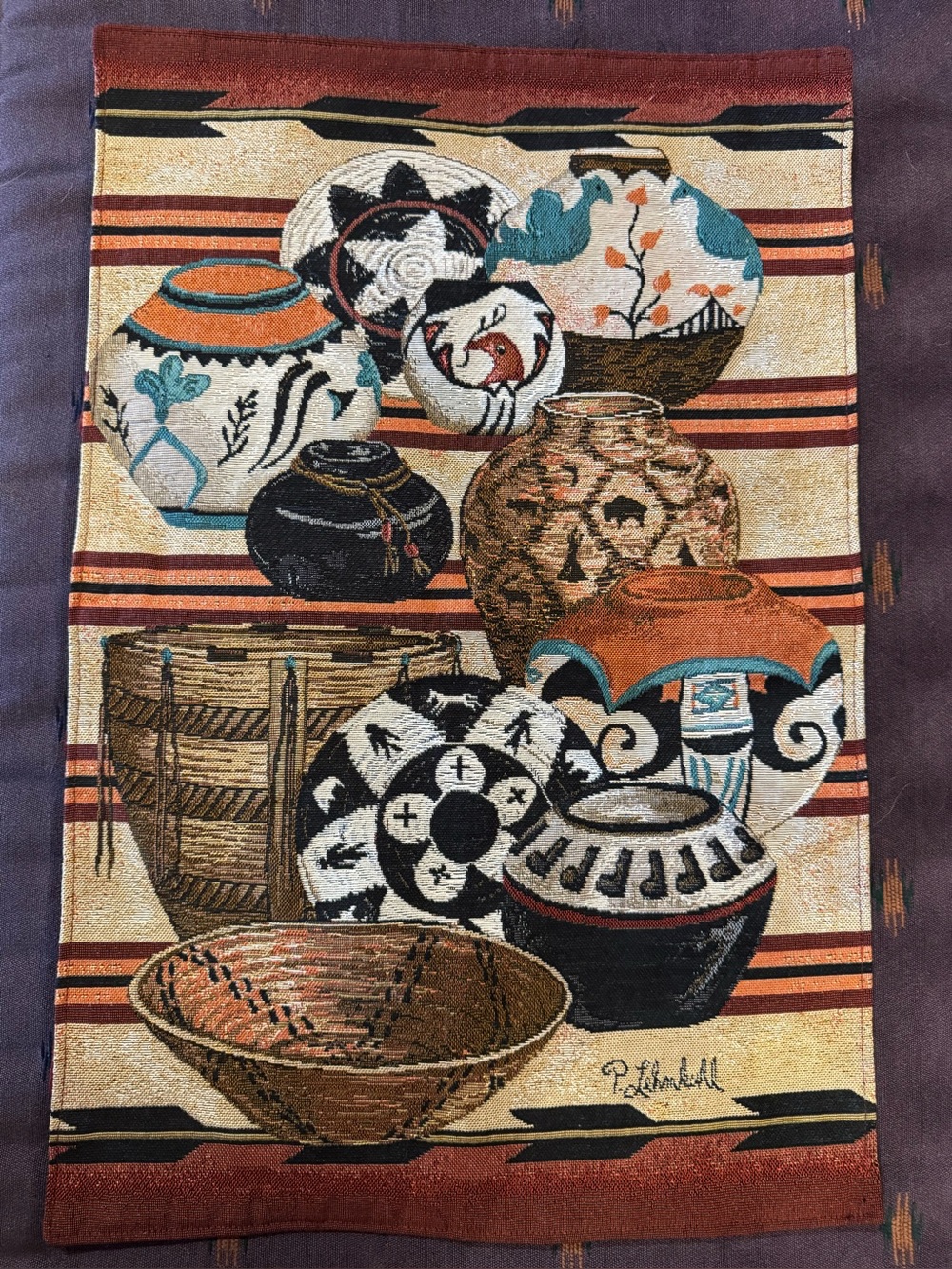 VTG Southwest Antive American Tapestry Clay Pot woven baskets kokopelli 26" x 17